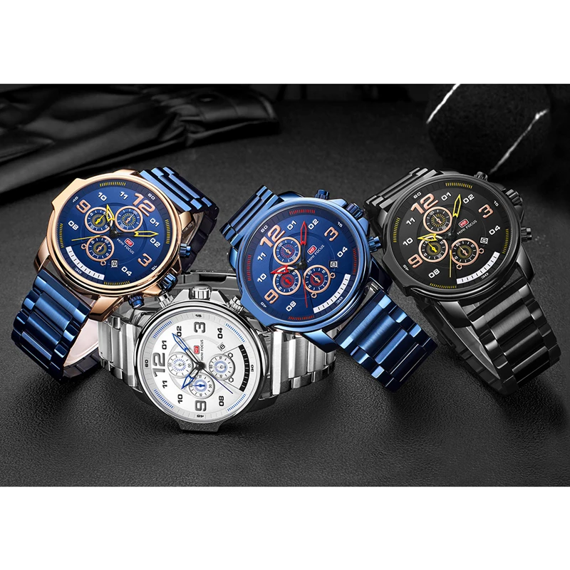 

MINI FOCUS- Sport Fashion Men's Watch Multi-Function Chronotype Calendar Waterproof Steel Watchband Watch Automatic Male