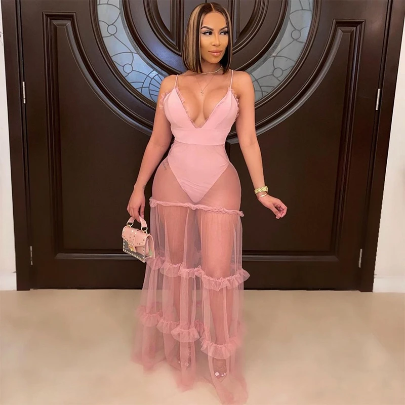 

Summer Women Clothing Sexy Dress Mesh Sheer Splicing V-neck Solid Sleeveless Lounge Wear Club Outfit Streetwear Wholesale Items
