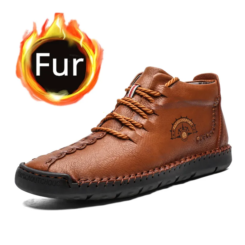 Khaki Fur Г. Зимние ботинки мужская теплая Повседневная обувь из натуральной кожи Мужская удобная обувь на плоской подошве со шнуровкой мужские походные ботинки большой размер 48 50 - Цвет: Khaki Fur
