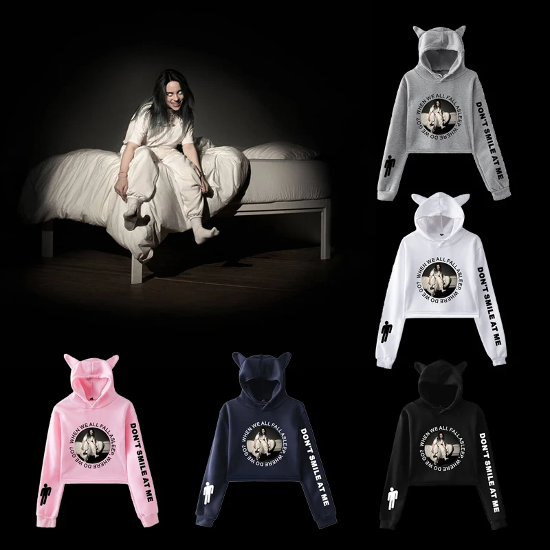 Billie Eilish модные кошачьими ушками шапка укороченный топ Для женщин летние толстовки с капюшоном пикантная обувь Harajuku над Размеры d Толстовка размера плюс