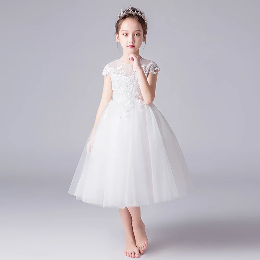 Платья для первого причастия белое Цветочное платье девочек чайное кружевное с