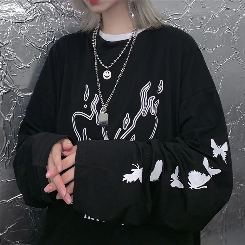 

KOSAHIKI 2021 Harajuku Sweatshirt Japanese Streetwear Butterfly Print Hoodie Loose Black Vintage Retro Pullover Casual Women Top