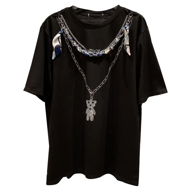 

Women's Casual Loose All-match Round Neck Chain Ribbon Necklace Rhinestone Bear Short-Sleeved T-shirt Fashion Streetwear Tee