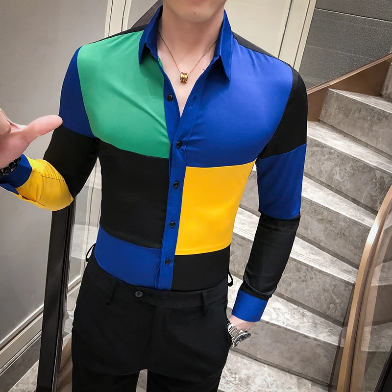 Горячая Распродажа цветная Мужская рубашка в стиле пэчворк весна 2020 приталенные