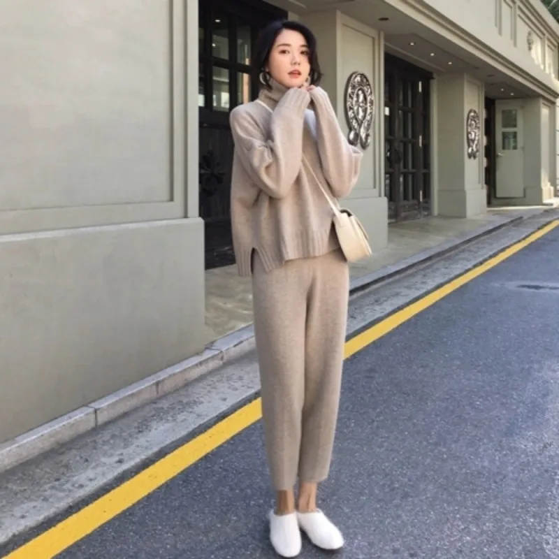New arrival Autumn winter Knitted Tracksuit Turtleneck Sweatshirts for Women Suit Clothing 2 Pcs Set Knit top Pants suit Female