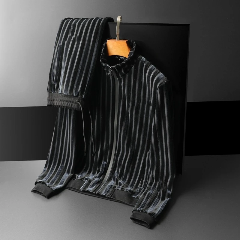 

2022 Velvet black men tracksuit autumn and winter new men's fashion personality men's long-sleeved trendy casual sports suit