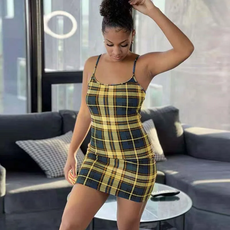 

TNNAOFF Plaid print Bodycon Mini Dress for Women Club Vacation Outfits Summer Sexy sleeveless Strap Party Loungewear Dresses
