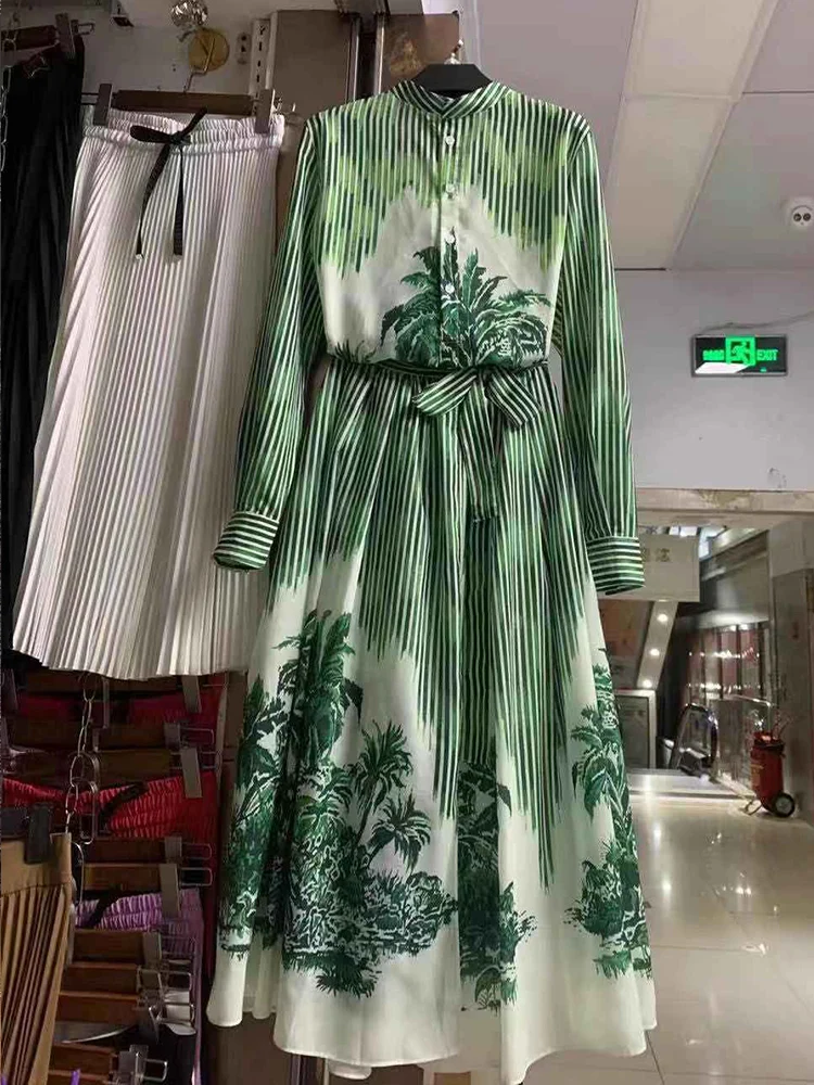 

Retro striped coconut tree print loose long shirt two-piece suit women's spring new style + high waist lace loose skirt suit