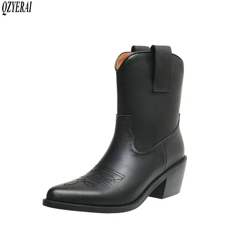

QZYERAI Ankle boots Genuine leather black white Female boots Car suture Women's shoes Women's boots Autumn and winter