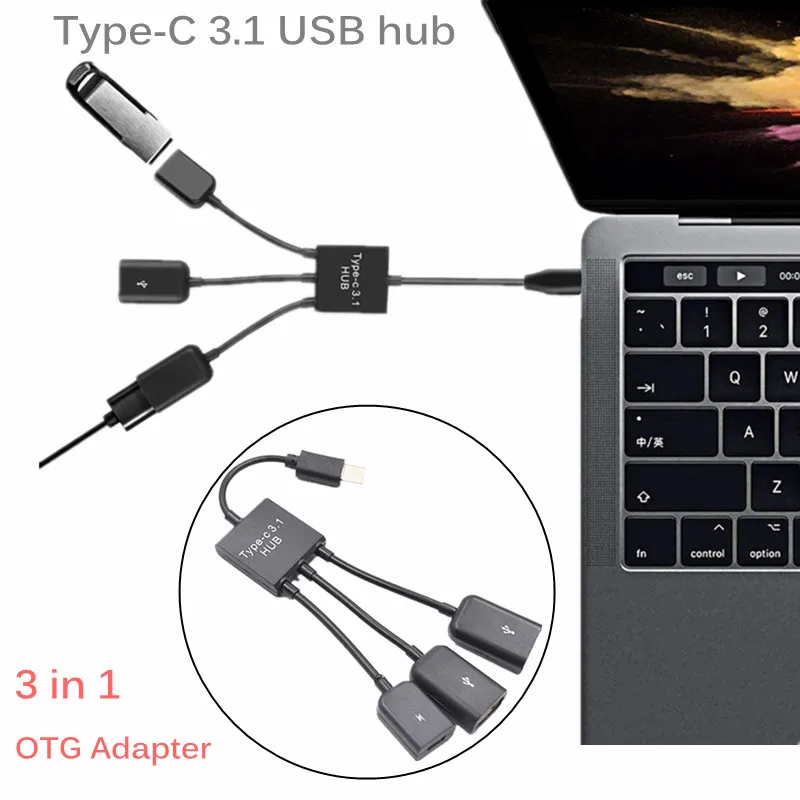 

Type-C 3.1 USB 2.0 Hub 3in1 Multi-Function Connector Splitter Power Charging U Disk Read OTG Adapter For Phone Computer Windows