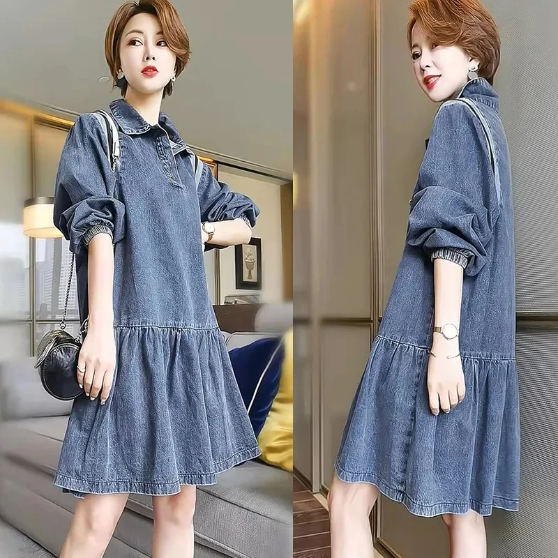 

Denim Polo Dress Female Long-Sleeve Spring Autumn 2022 New Size5XL Temperament Fashion Mid-Long Cowboy Cotton Dress Elegant