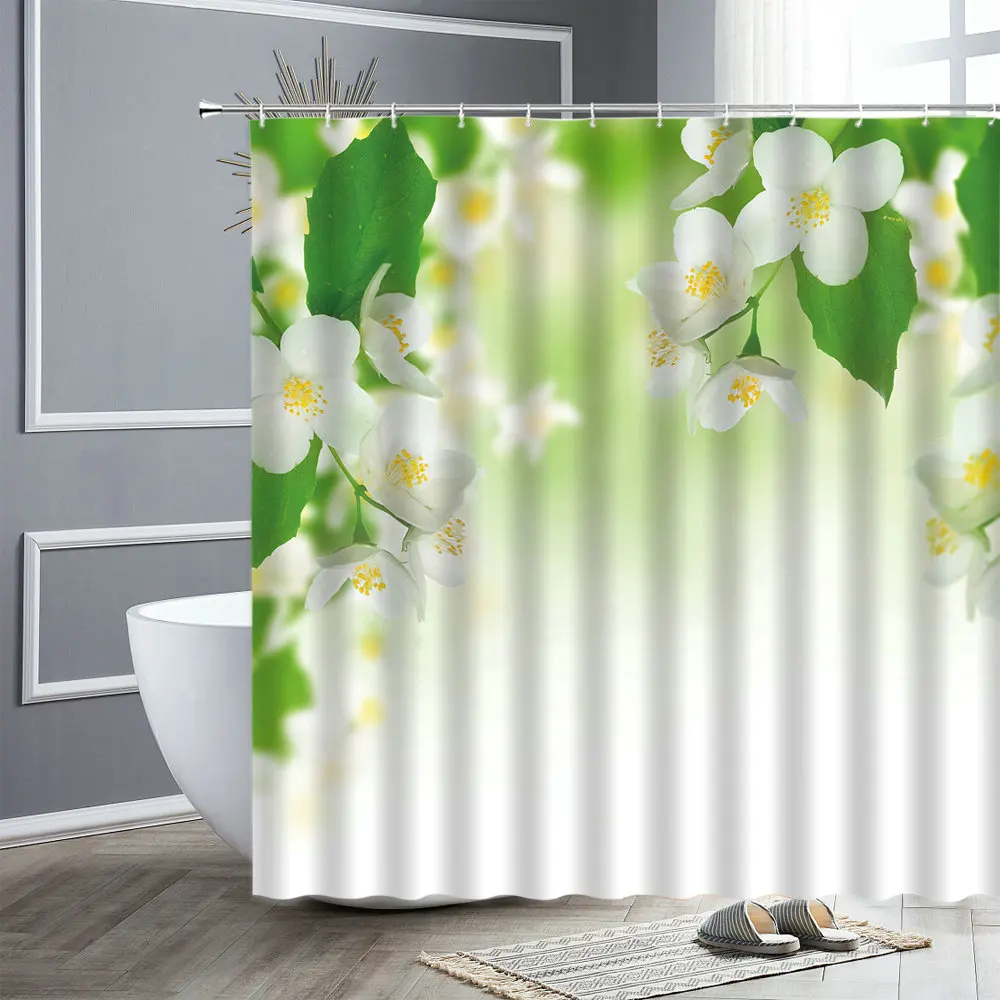 

Green Plants Shower Curtain Flowers And Bird Trees Scenery Waterproof Fabric Home Bathroom Curtains Bath Decor Screen With Hooks