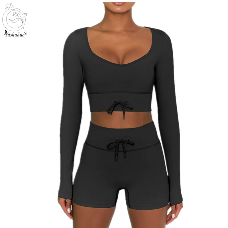 

Yushuhua New Low Collar Seamless Yoga Set Women's Long Sleeve Sports Top High Waist Fitness Shorts Drawstring Gym 2-Piece Set