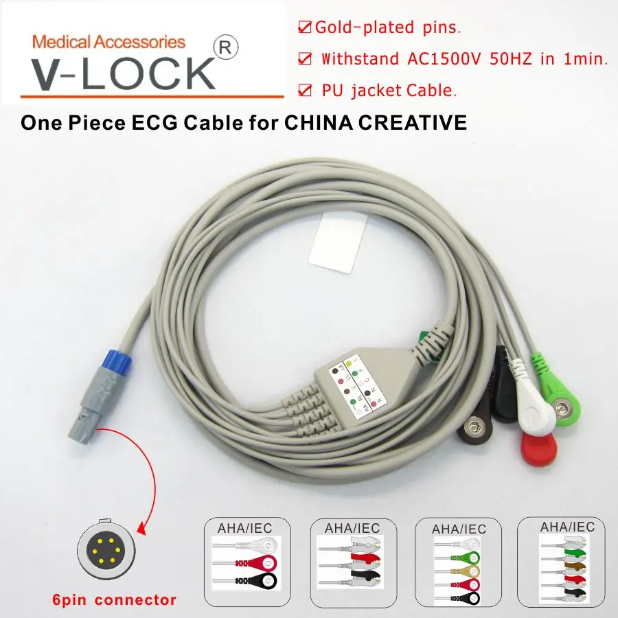 

One-piece ECG cable with 5leads,snap for CHINA CREATIVE patient monitor