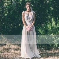 country style rustic wedding dress scoop lace short sleeves chiffon a line open back bridal gowns robe de mariee