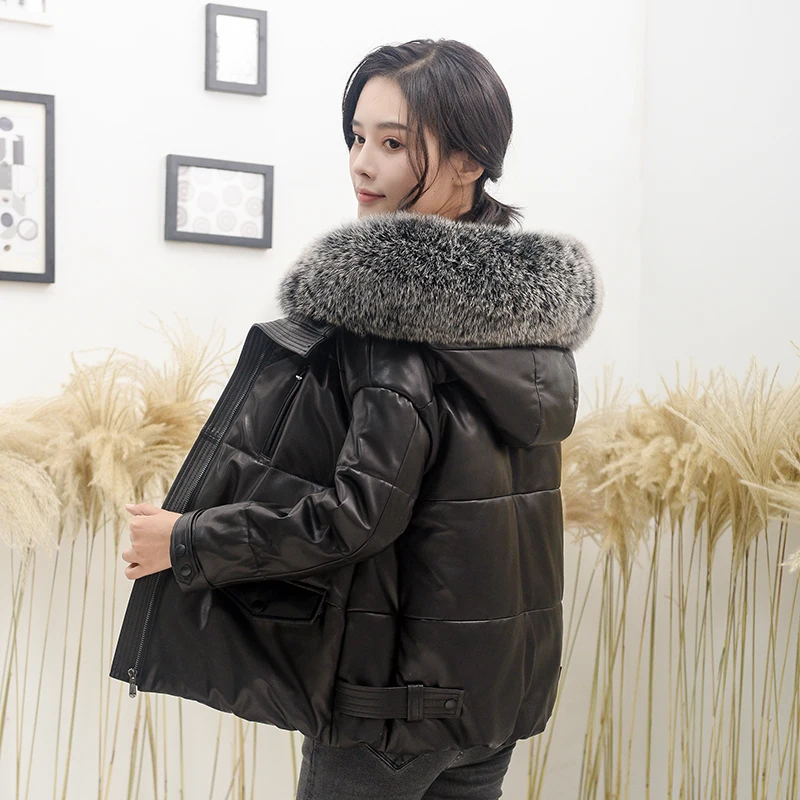 

Женская куртка из натуральной овечьей кожи, с капюшоном и лисьим мехом, зимняя, теплая, на утином пуху, в Корейском стиле, LW2586