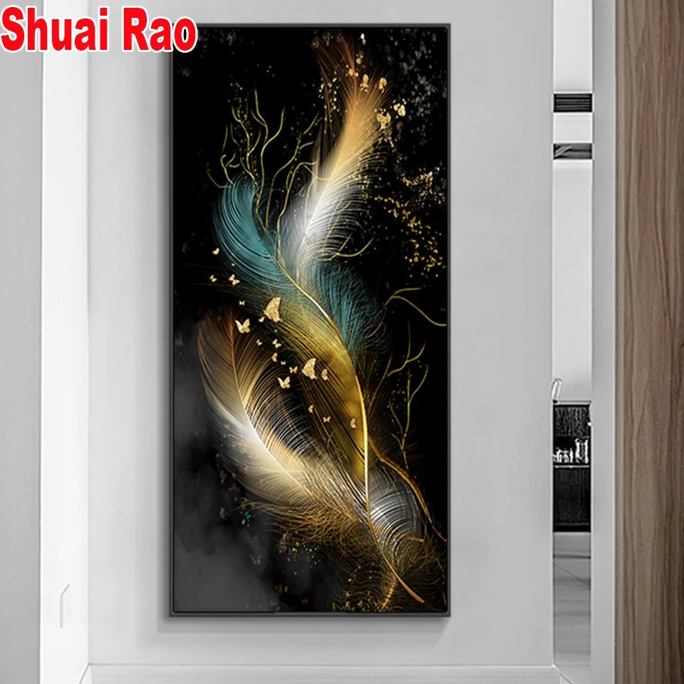 

Golden Line Feather Diy diamond painting picture rhinestone of embroidery diamond mosaic Abstract 5d cross stitch home decor