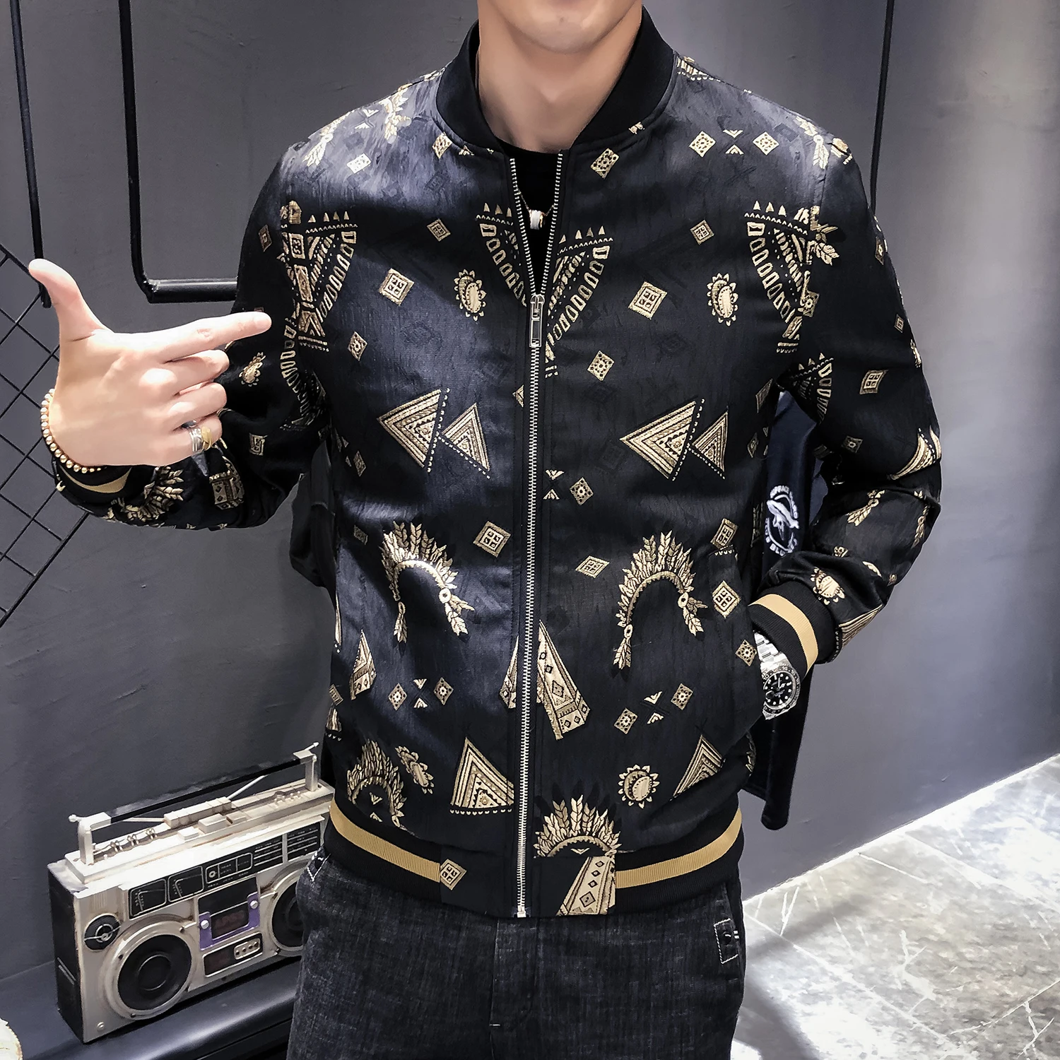 Жаккардовые куртки для мужчин s Slim Fit Черное золото печатных пальто мужская