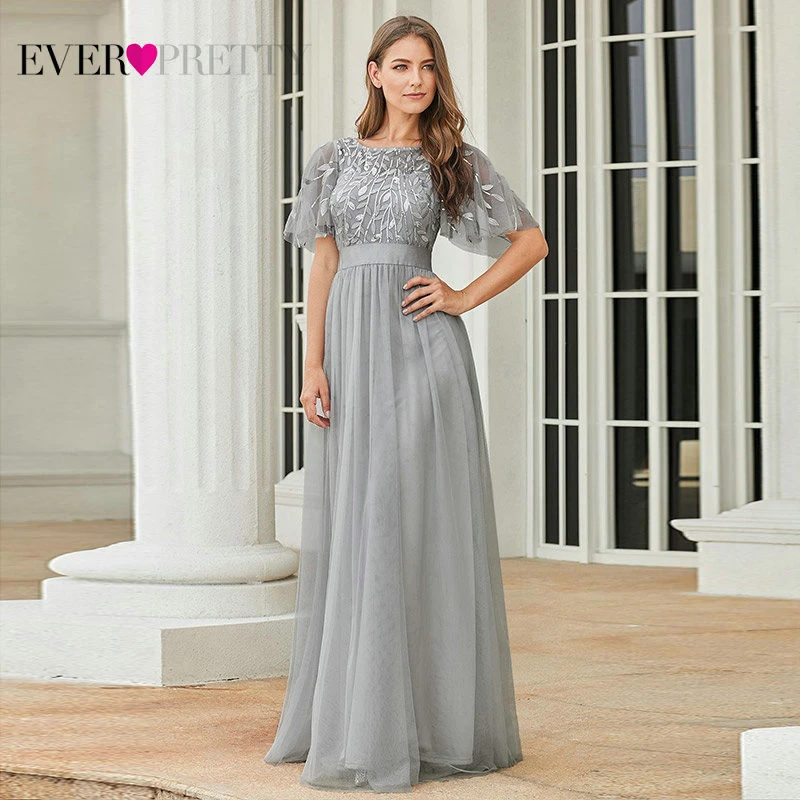 Robe De Soiree блестящие вечерние платья Длинные Ever Pretty EP00904GY A-Line o-образным вырезом с коротким рукавом Вечерние платья женские элегантные платья