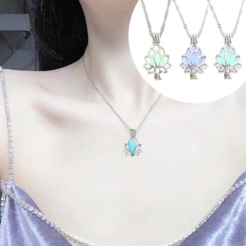 

Luminous Glowing In The Dark Moon Lotus Flower Shaped Pendant Necklace For Women Yoga Prayer Buddhism Jewelry NEW