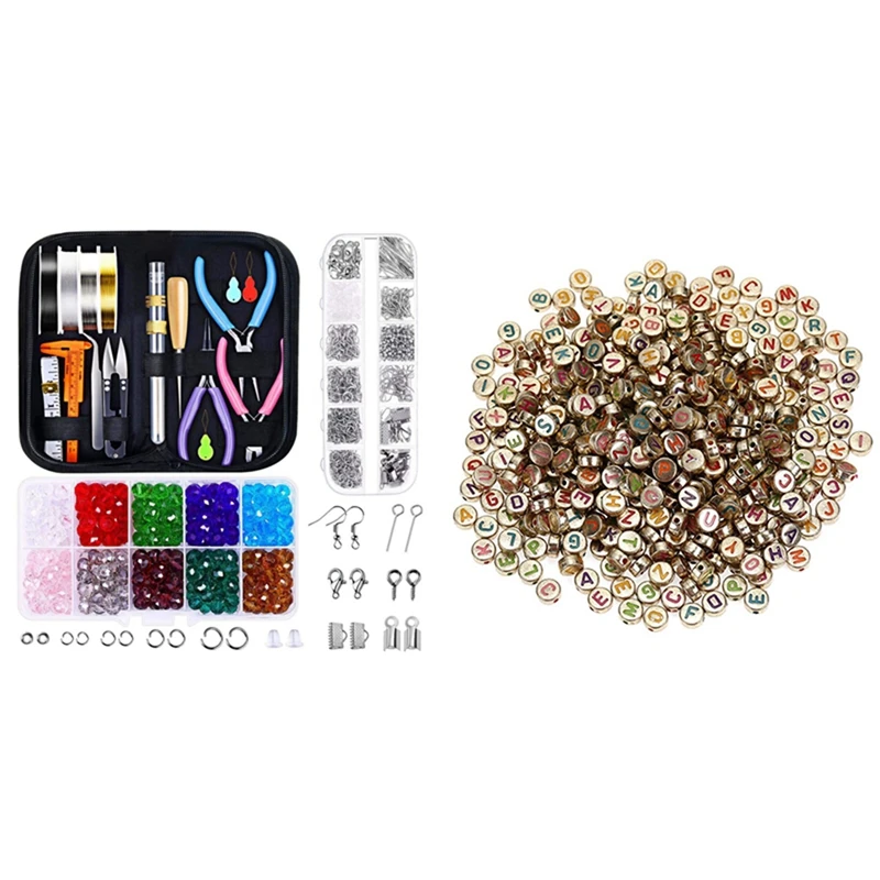 

1000Pcs Acrylic Gold Bottom Colored English Letter Beads with Leather Bag Tool Set