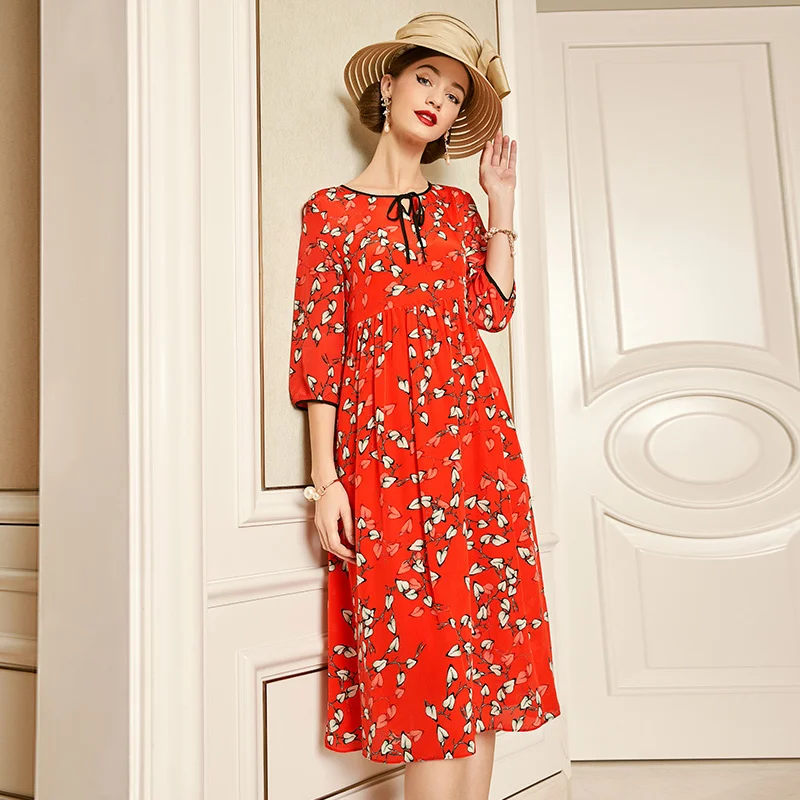 

Женское длинное шелковое платье SHZQ, красное платье из шелка тутового шелкопряда с длинными рукавами