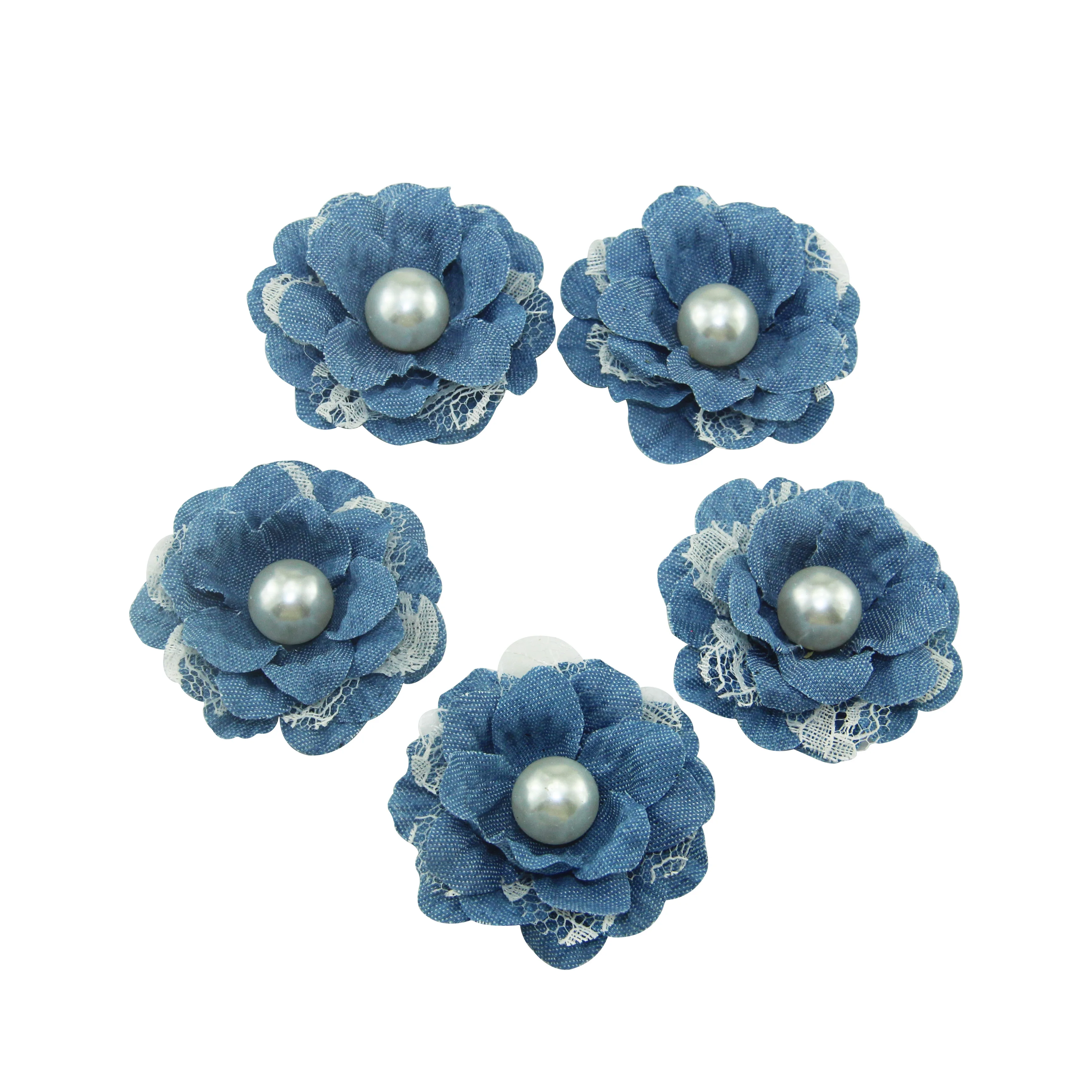12 шт./лот 5 см синий искусственный цветок из джинсовой ткани с жемчугом и кружевом