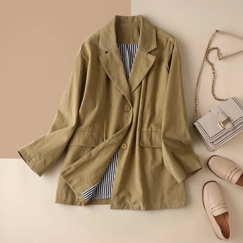 

Large and Winter Blazer Autumn Size Long-Sleeved 100% Cotton Retro Casual Women's Loose Coat Notched Single Breasted