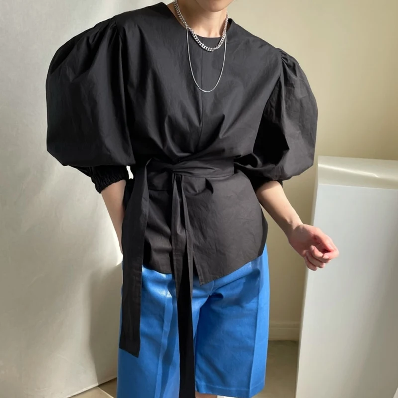 

ZAWAHIKI Korean Vintage Fashion Blouse Women Summer Elegant O Neck Puff Sleeve Loose Drawstring Slim Waist Tops Solid Blusas