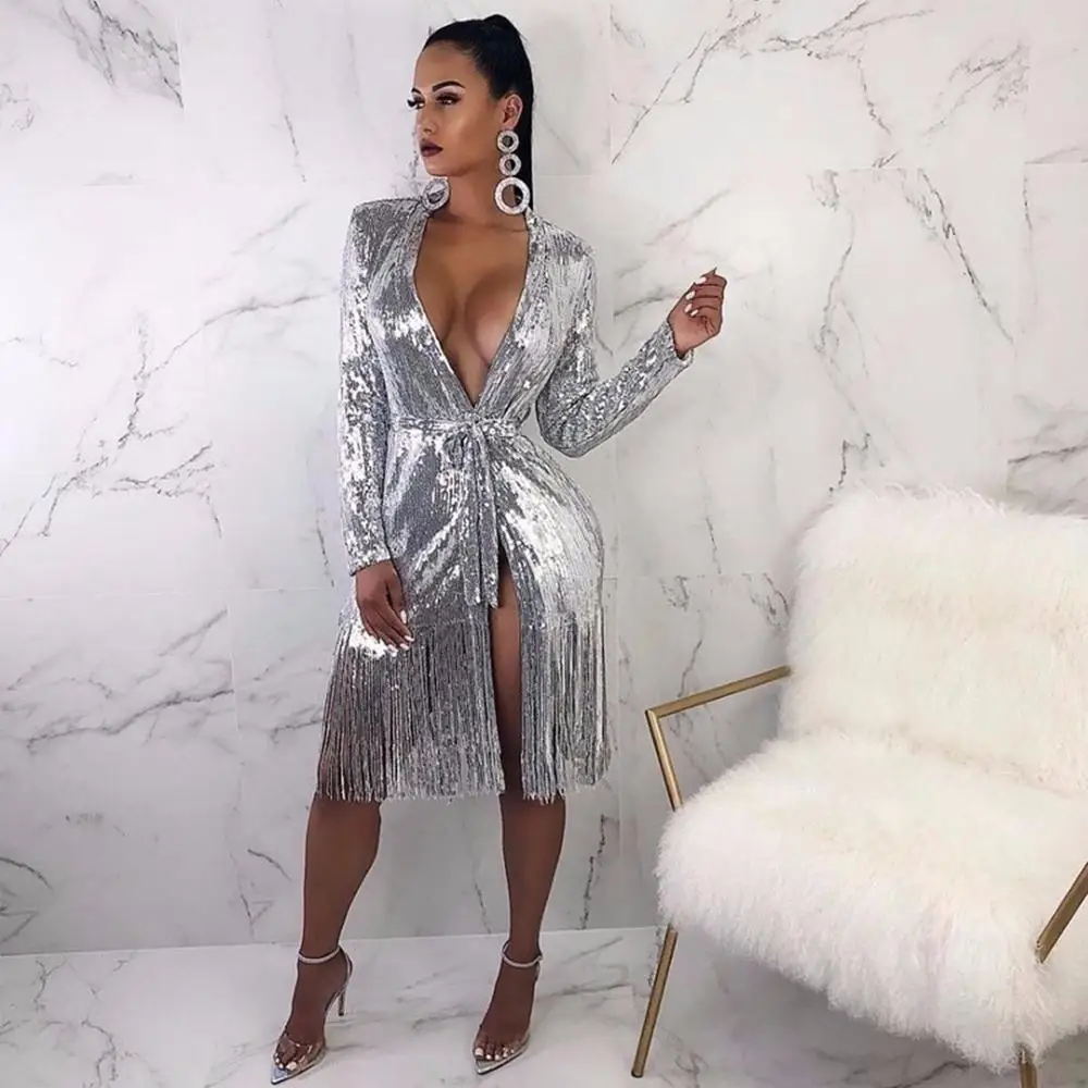 Женское блестящее платье с кисточками сексуальные платья v-образным вырезом и