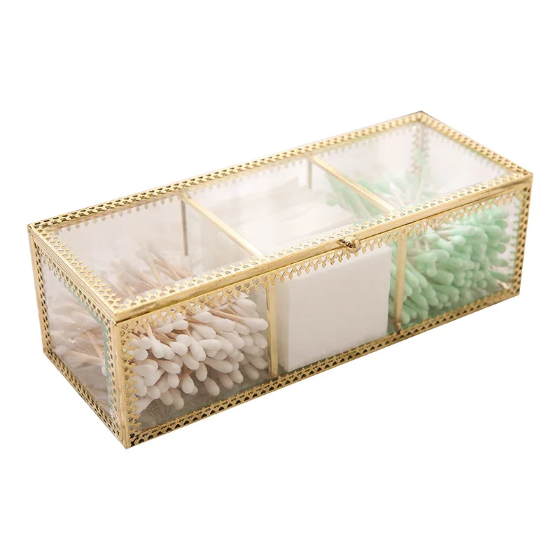 

Retro Copper Edge Glass Cotton Box Lipstick Cosmetic Jewelry Storage Box Transparent Gold Bronze Makeup Organizer Bathroom Rack