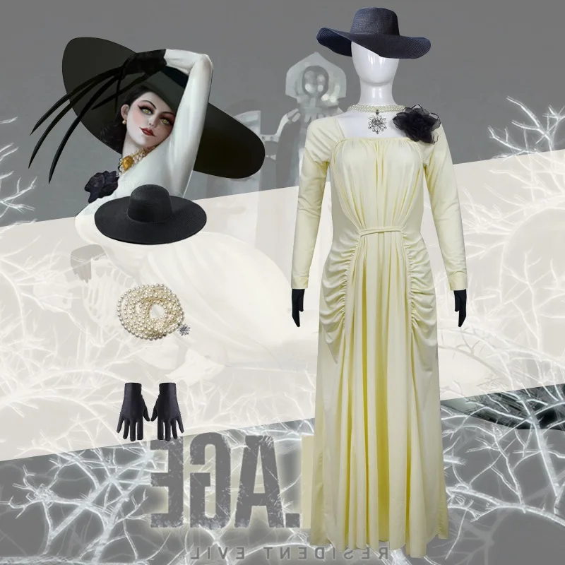 

Game Village Lady Alcina Dimitrescu Cosplay Costume Set Dress Hat Necklace Gloves Suit Props