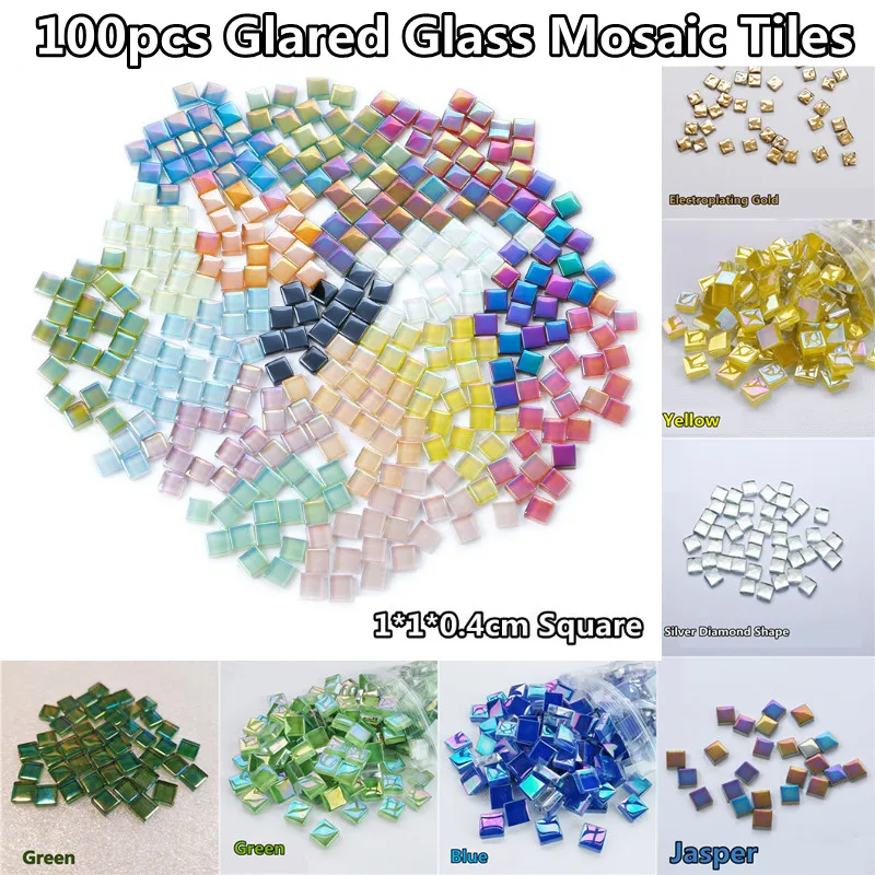 

100pcs Glared Glass Mosaic Tiles 1*1*0.4cm Square DIY Bright Mosaic Craft Materials for Fun Handmade Crafts Tiles
