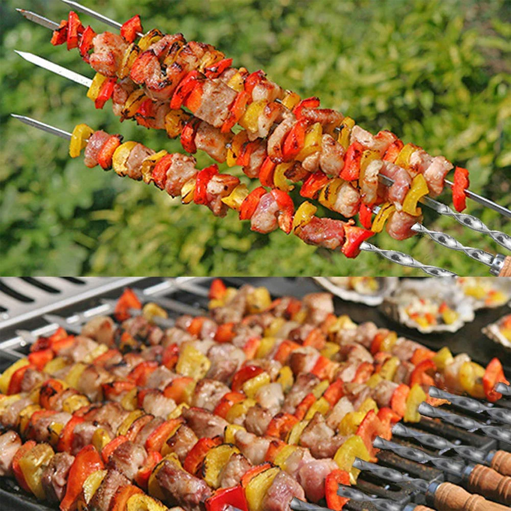 

6/12pcs Stainless Steel BBQ Skewers Set with Wood Handle for Grilling Barbecue Needle Reusable Flat Fork Meat Grill Kabob Skewer