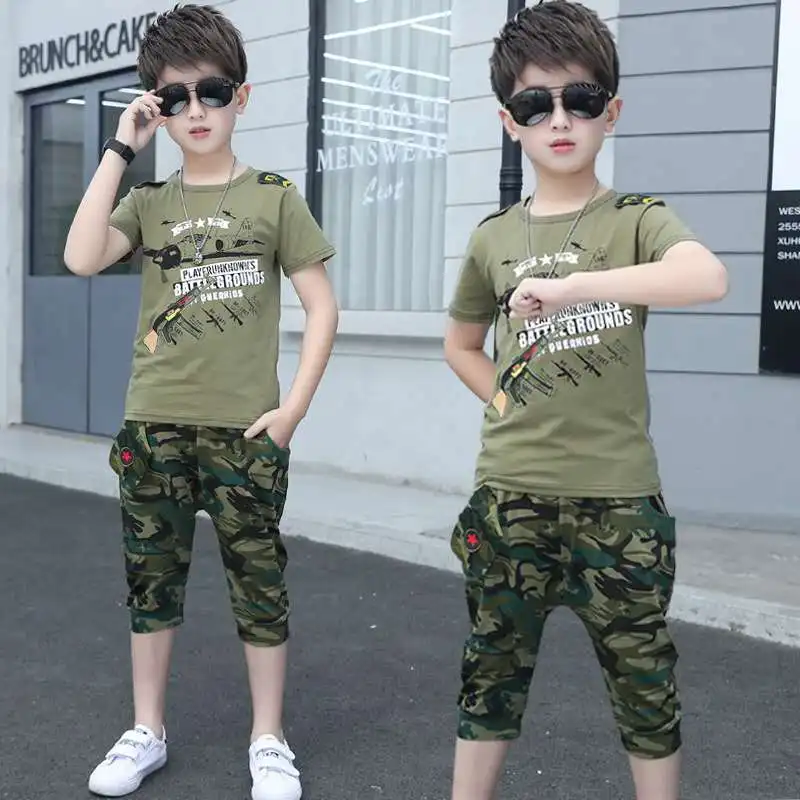 

Boys' summer suit 2020 new kids' middle and big boys' handsome two pieces suit Camouflage Short Sleeve T-Shirt + shorts 2-13 Y