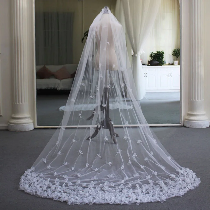 

SLBRIDAL Cut Edge Flower Wedding Long Cathedral Veils With Comb White Bridal Veils Wedding Accessories For Bride Mariage Women