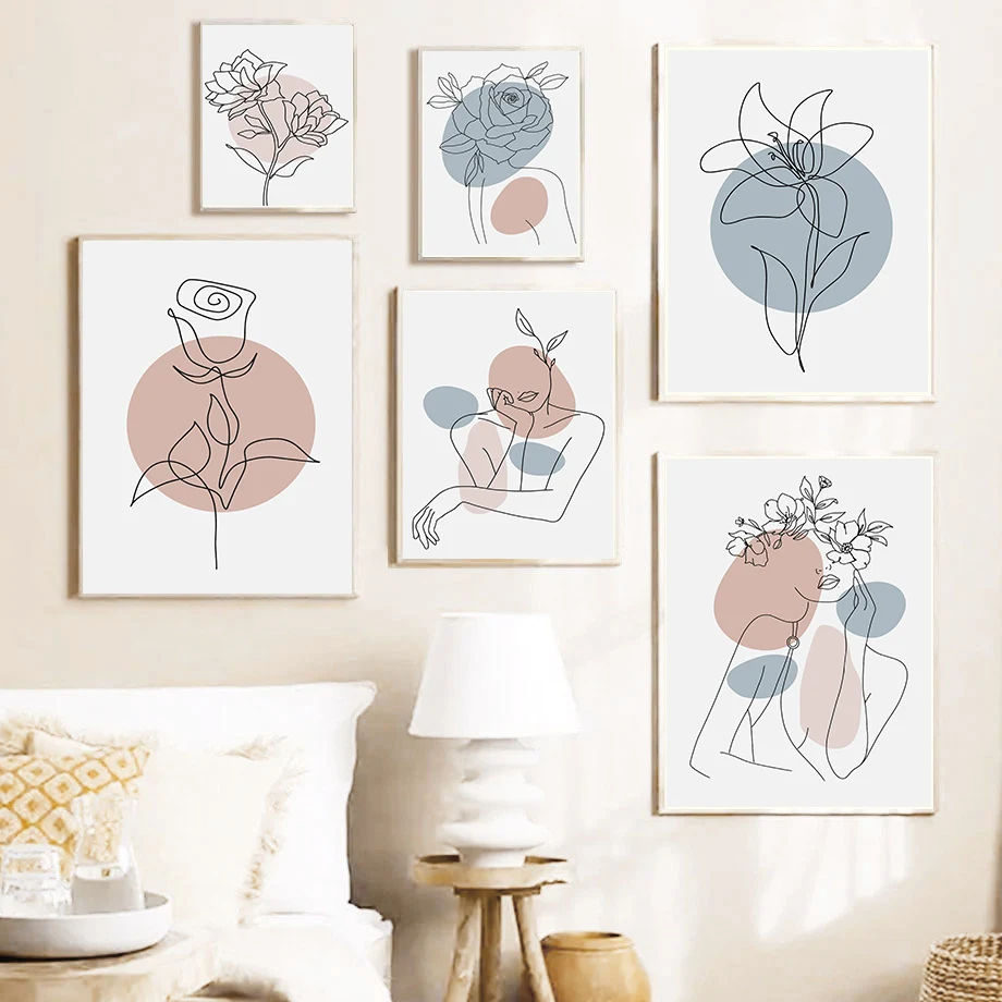 

Abstract Line Lily Rose Flower Woman Face Wall Art Canvas Painting Nordic Posters And Prints Wall Pictures For Living Room Decor