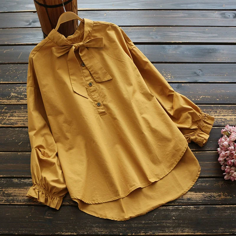 

Женская хлопковая льняная рубашка с бантом на шее, летняя винтажная свободная однотонная Повседневная Верхняя одежда с рукавами-фонарикам...