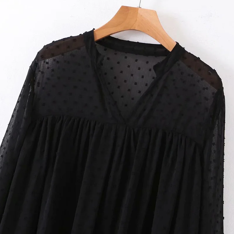 Женская шифоновая блуза в горошек с v-образным вырезом mujer de moda 2019 черная рубашка