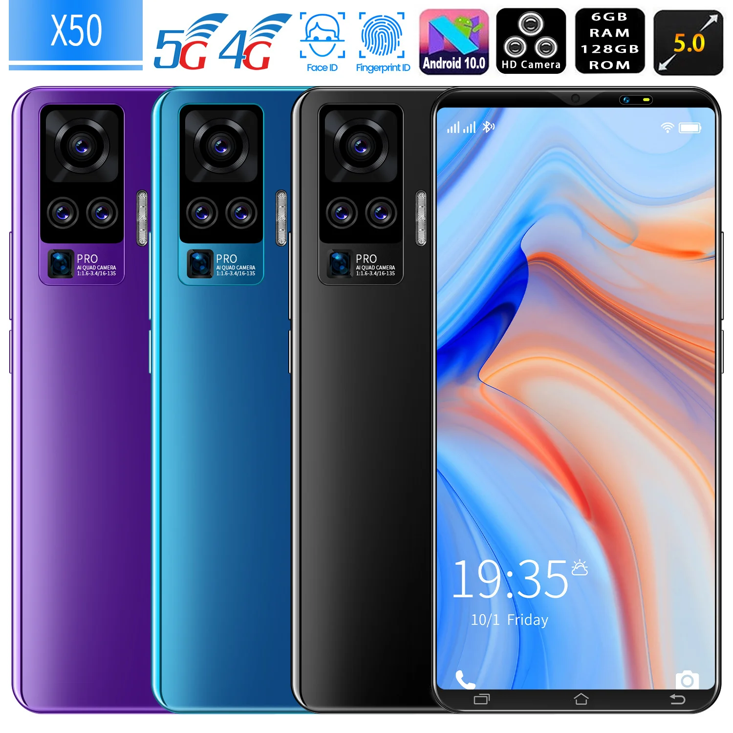 

X50 Smartphone 5.0Inch Full Screen 8 Core CPU 4800mAh 4GB 64GB 5GIntelligent wake-up, face recognition, fingerprint unlock on th