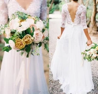 lace chiffon bridal dresses boho 2019 bohemian v neck 34 long sleeves low back a line wedding dresses with pleats cheap