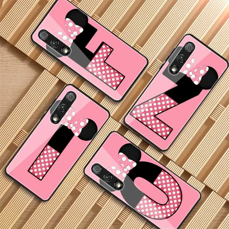 

Cartoon Mouse Bow 26 Letters Printing Tempered Glass For Huawei P9 10 plus 20 Pro 30mate9 10 20 Pro Honor8X 9 10 V10 Nova3I 5