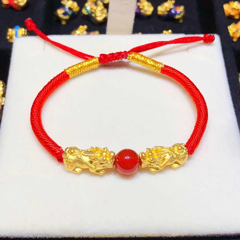 

999 Real 24K Yellow Gold Women Bracelet 3D Luck Pixiu Bead Red Cord Weave Bracelet / 0.5g Pixiu