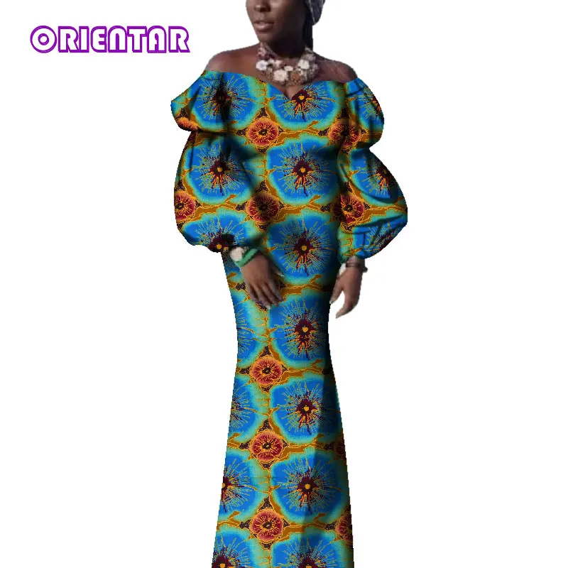 Bazin Riche African Dresses for Women Off Shoulder Puff Sleeve Ankara Dress African Wax Print Long Party Evening Dress WY3715