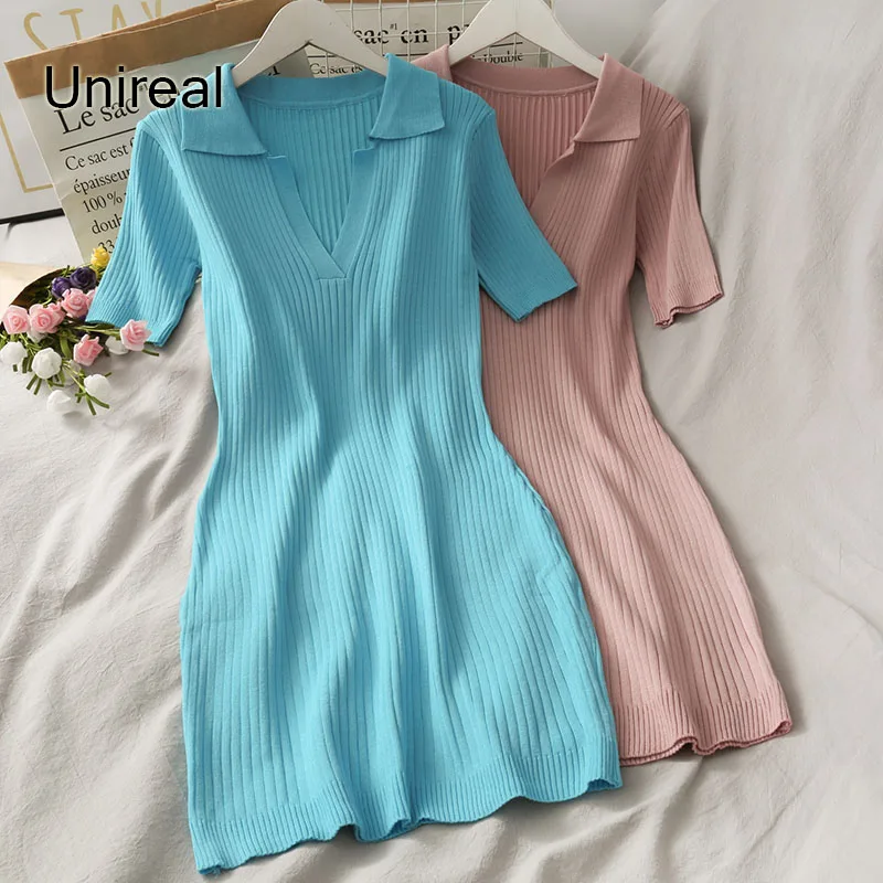 

Unireal 2021 Summer Women Mini Knitted Dress Short Sleeve V Neck Sexy Bodycon Short Pencil Dress
