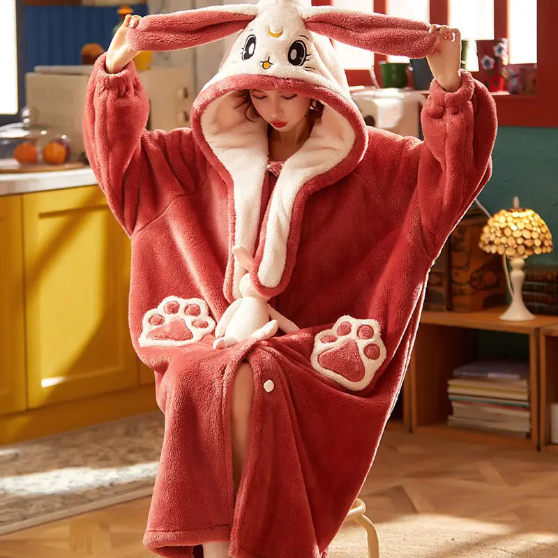 Autumn Winter Facecloth Robe Bathrobe Nightgown Female Thickened Plus Velvet Coral Velvet Medium-length Pajamas Cute Home Wear