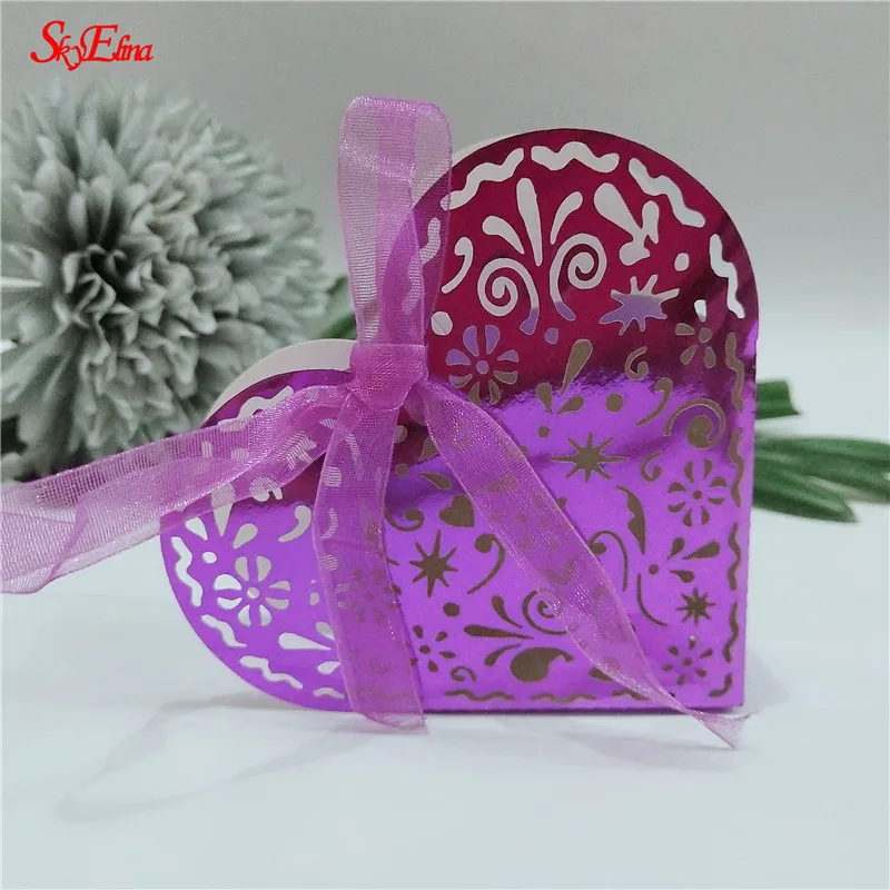 Bright purple 10 шт. высокое качество в форме сердца лазерной резки свадьба, сладости конфеты подарок любимые коробки с лентой украшения стола 6Z-SH153 - Цвет: Bright purple