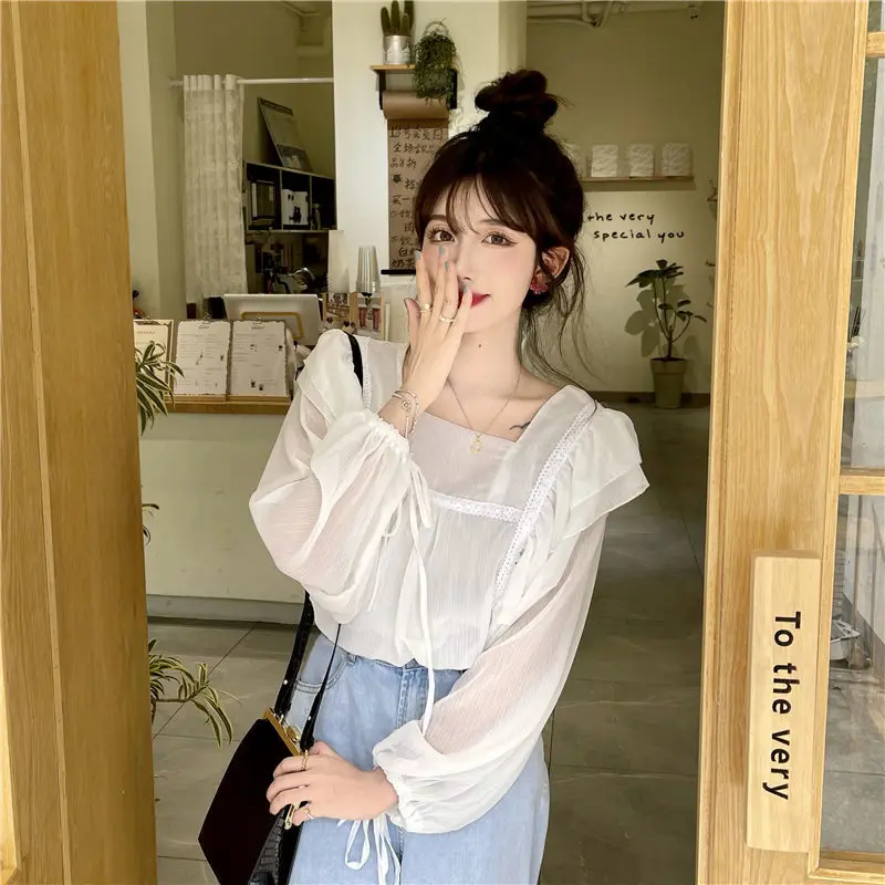 

Blouses Women Loose Square Collar Ruffles Long Sleeve Korean Style Lovely Retro Popular Sunscreen Hot Sale Elegant Casual Ladies