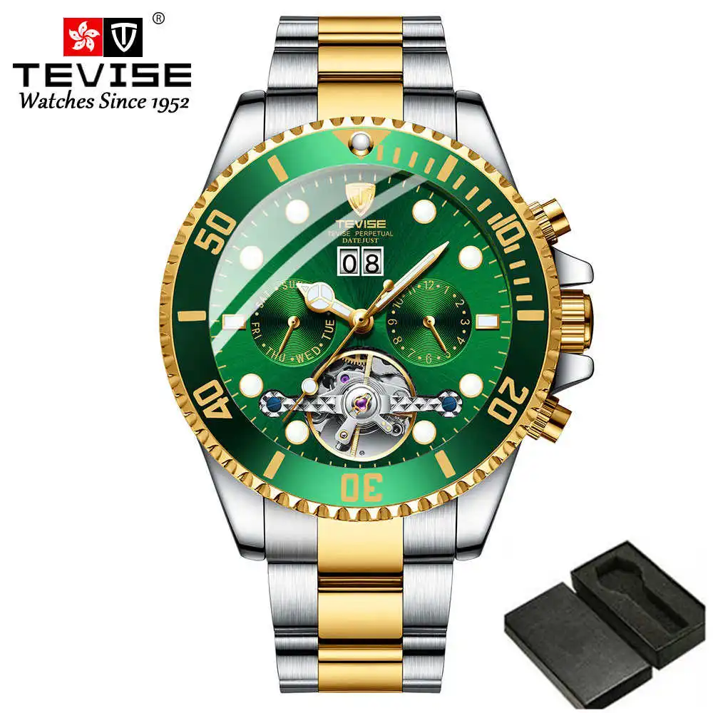 gold green box TEVISE Топ люксовый бренд для мужчин нержавеющая сталь Скелет часы для мужчин водонепроницаемый автоматические механические наручные часы Relogio Masculino - Цвет: gold green box