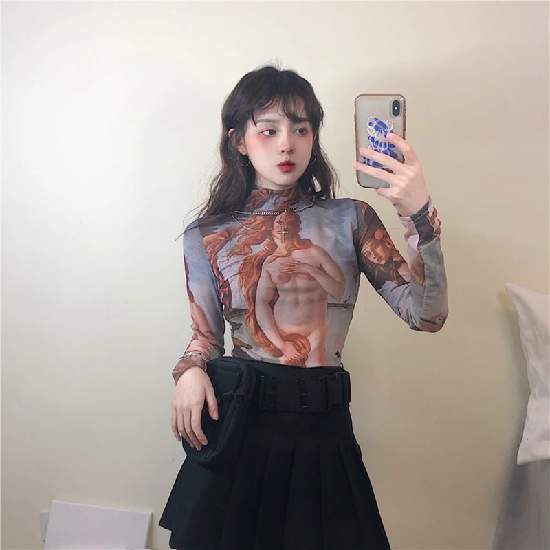 Новинка, Ulzzang, персональные, шикарные, модные, Масляные картины, ангел, девушка, Ретро стиль, пикантные сетчатые топы, Повседневная мода, Harajuku, свободная женская футболка